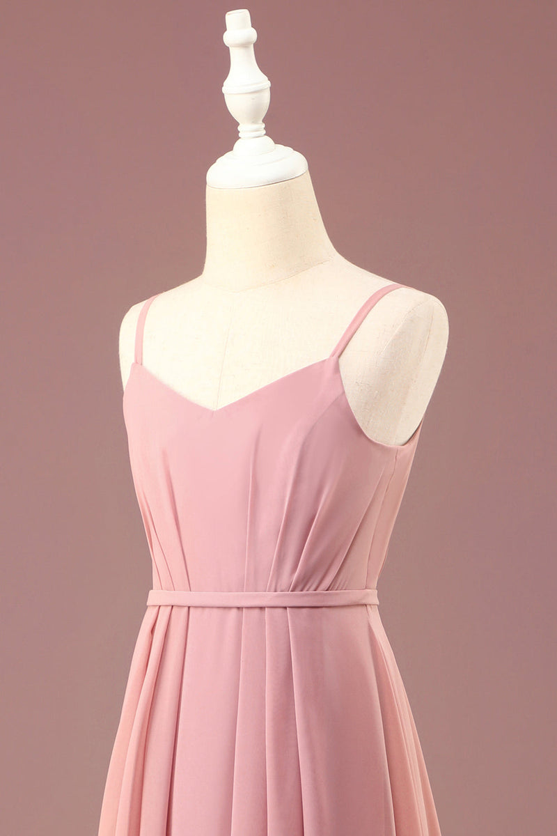 Load image into Gallery viewer, Dusty Rose A-line Chiffon Spaghetti Straps Long Pleated Junior Bridesmaid Dress