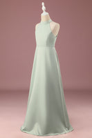 Load image into Gallery viewer, Matcha Satin A-line Halter Sleeveless Long Junior Bridesmaid Dress