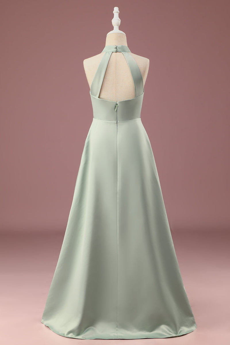 Load image into Gallery viewer, Matcha Satin A-line Halter Sleeveless Long Junior Bridesmaid Dress