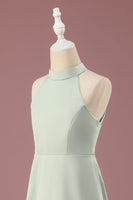 Load image into Gallery viewer, Matcha Satin A-line Halter Sleeveless Long Junior Bridesmaid Dress