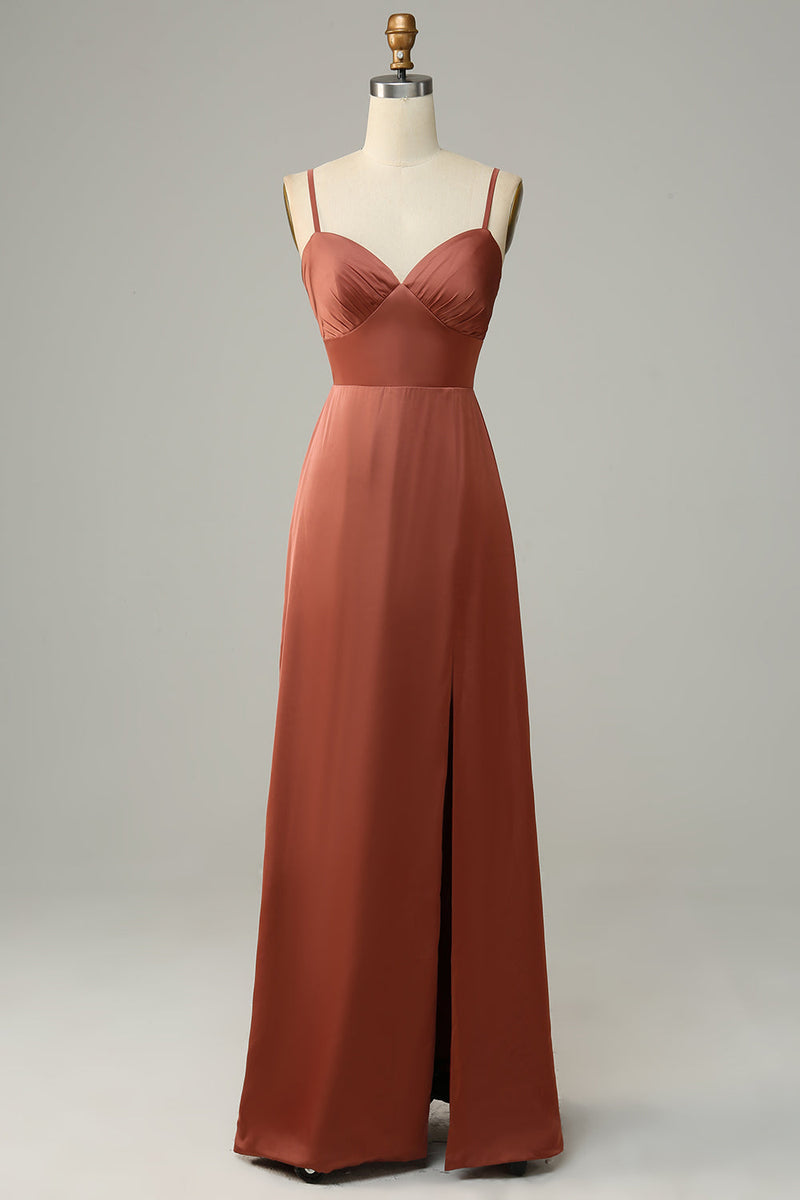 Load image into Gallery viewer, Brick Red Sheath Spaghetti Straps Satin Bridesmaid Dress With Slit