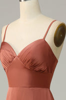 Load image into Gallery viewer, Brick Red Sheath Spaghetti Straps Satin Bridesmaid Dress With Slit