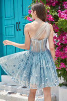 Load image into Gallery viewer, One Shoulder A Line Corset Short Prom Dress with Beading