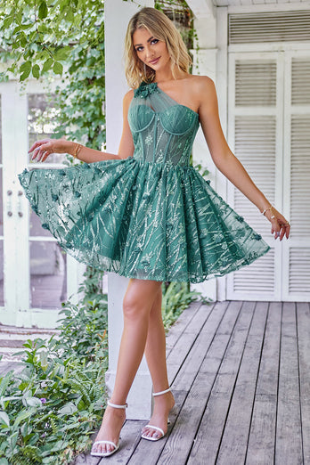 One Shoulder A Line Corset Short Prom Dress with Beading