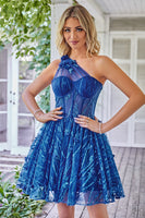 Load image into Gallery viewer, One Shoulder A Line Corset Short Prom Dress with Beading