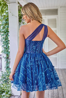 One Shoulder A Line Corset Short Prom Dress with Beading