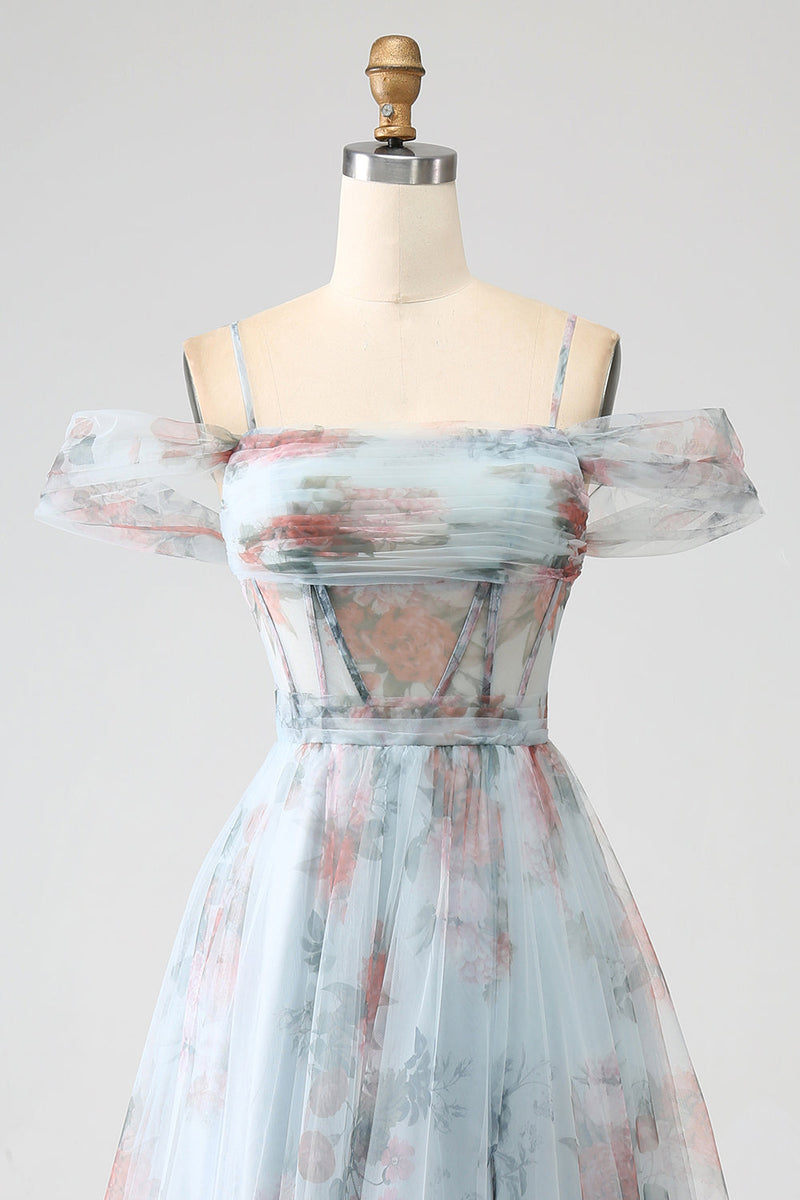 Load image into Gallery viewer, A-Line Blue Printed Cold Shoulder Long Corset Prom Dress with Slit