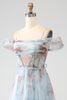 Load image into Gallery viewer, A-Line Blue Printed Cold Shoulder Long Corset Prom Dress with Slit
