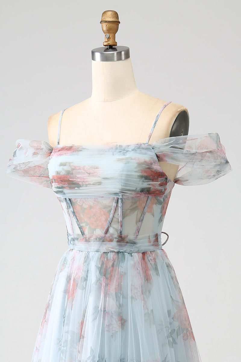 Load image into Gallery viewer, A-Line Blue Printed Cold Shoulder Long Corset Prom Dress with Slit