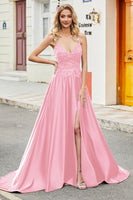 Load image into Gallery viewer, Fuchsia A Line Spaghetti Straps Long Prom Dress with Appliques