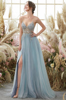 Load image into Gallery viewer, Women Light Blue Long Prom Dress with Beading A-line Spaghetti Straps Party Dress with Slit