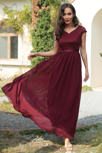 A Line V-Neck Burgundy Long Bridesmaid Dress
