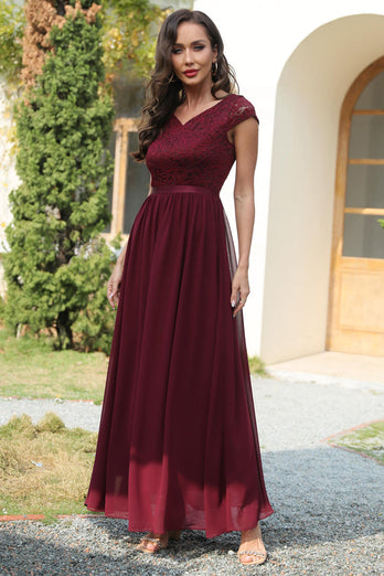 A Line V-Neck Burgundy Long Bridesmaid Dress