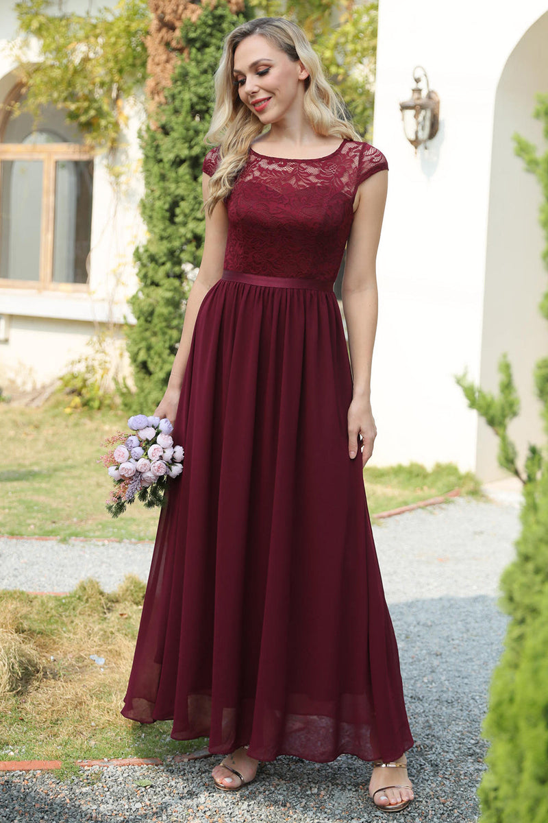 Load image into Gallery viewer, Burgundy Cap Sleeves Chiffon Bridesmaid Dress