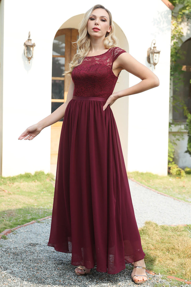 Load image into Gallery viewer, Burgundy Cap Sleeves Chiffon Bridesmaid Dress