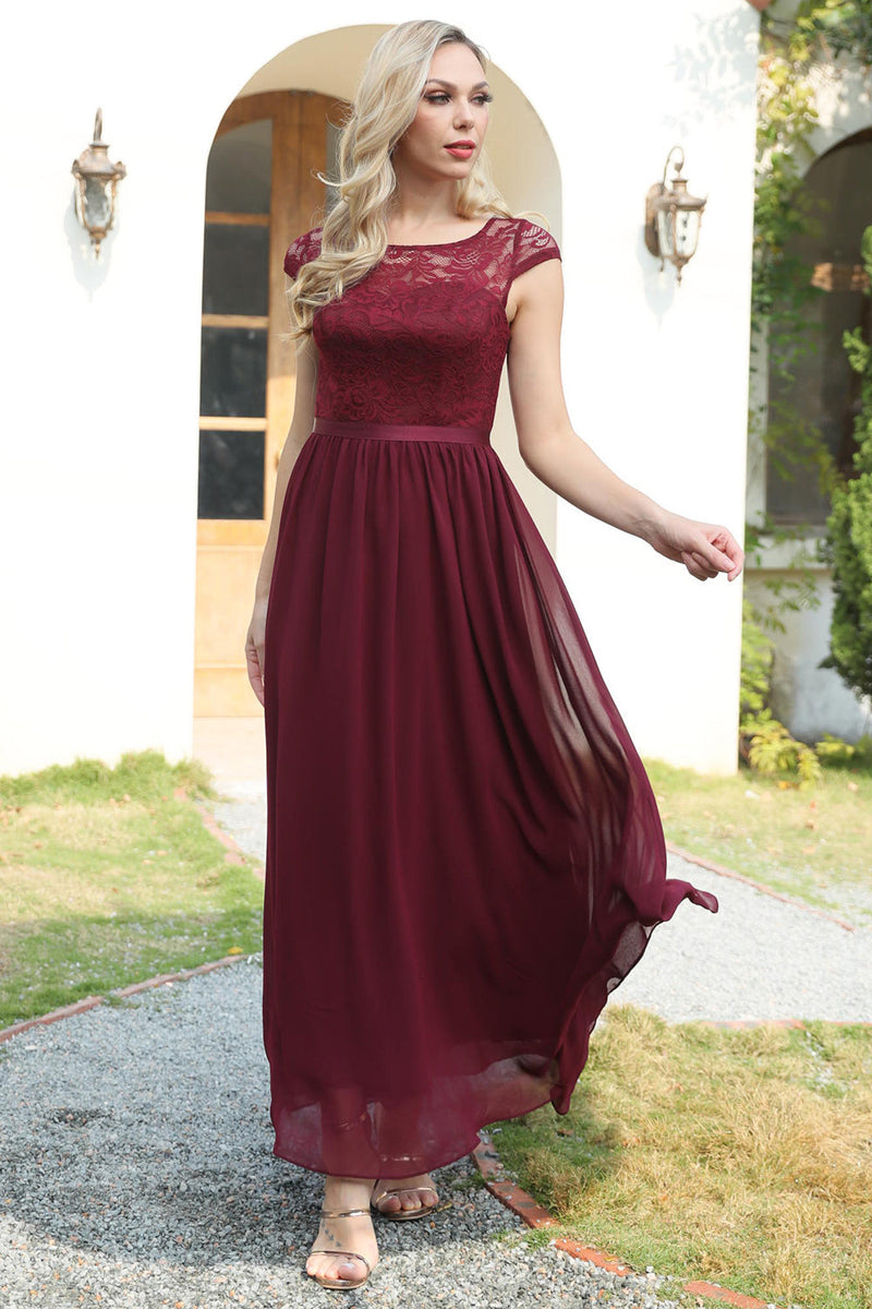 Load image into Gallery viewer, Burgundy Cap Sleeves Chiffon Bridesmaid Dress