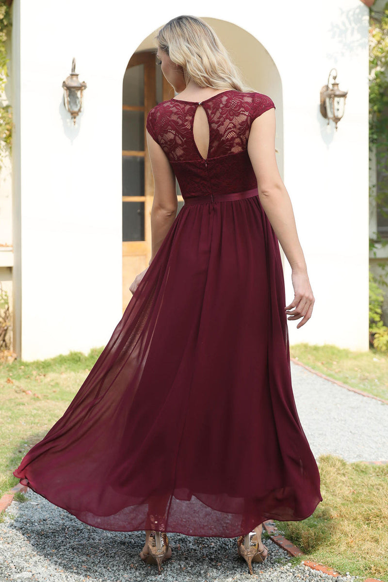 Load image into Gallery viewer, Burgundy Cap Sleeves Chiffon Bridesmaid Dress