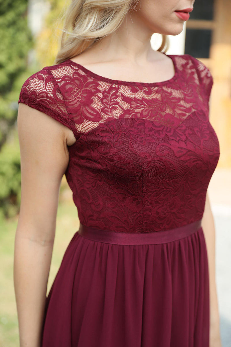 Load image into Gallery viewer, Burgundy Cap Sleeves Chiffon Bridesmaid Dress