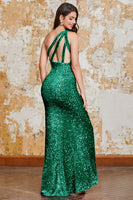 Load image into Gallery viewer, Glitter Black Mermaid One Shoulder Sequins Prom Dress With Slit