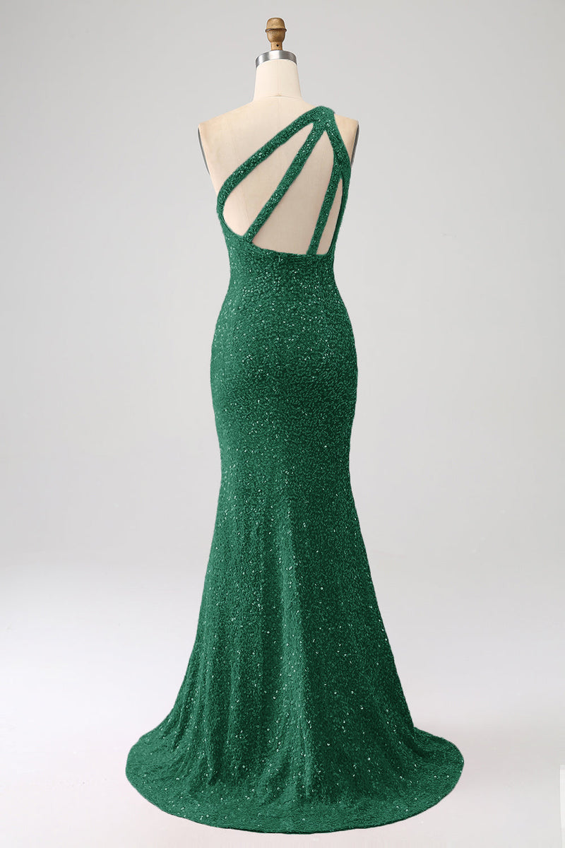 Load image into Gallery viewer, Sparkly Orange Mermaid One Shoulder Sequins Prom Dress with Slit