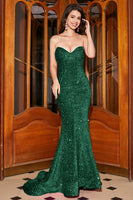 Load image into Gallery viewer, Sparkly Mermaid Sweetheart Sweep Train Black Prom Dress With Sequins