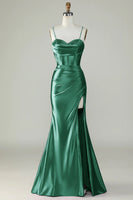 Load image into Gallery viewer, Orange Mermaid Spaghetti Straps Long Corset Prom Dress With Slit