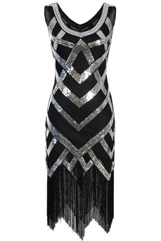 V Neck Silver Sequins 1920s Flapper Dress with Tassel