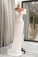 Load image into Gallery viewer, White Mermaid Long Appliqued Prom Dress With Feather