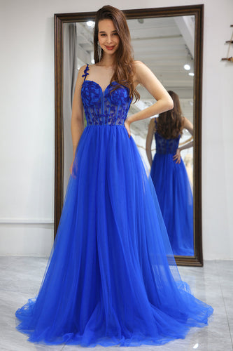 A Line Royal Blue Long Corset Prom Dress With Appliques