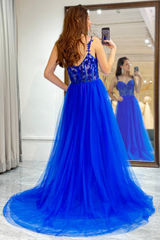 Royal Blue A Line Long Corset Prom Dress With Appliques