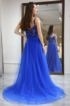 A Line Royal Blue Long Corset Prom Dress With Appliques