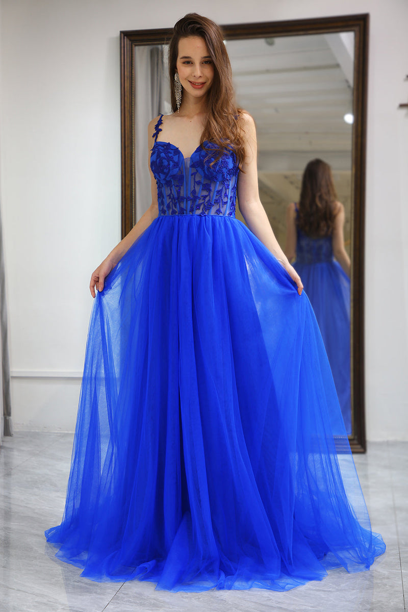 Load image into Gallery viewer, A Line Royal Blue Long Corset Prom Dress With Appliques
