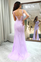 Load image into Gallery viewer, Lilac Mermaid Long Corset Appliqued Prom Dress With Slit