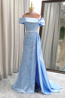 Load image into Gallery viewer, Glitter Light Blue Sheath Long Sequined Prom Dress With Slit