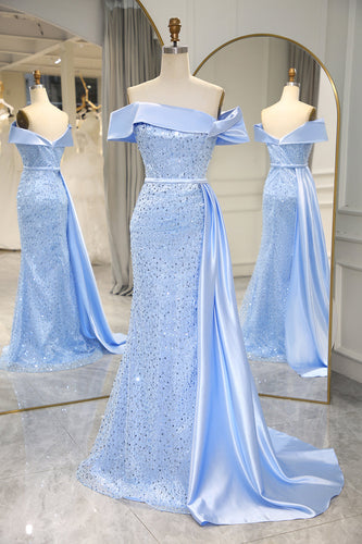 Sparkly Light Blue Long Sequined Prom Dress With Slit