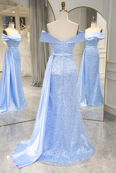 Sparkly Light Blue Long Sequined Prom Dress With Slit