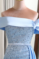Load image into Gallery viewer, Glitter Light Blue Sheath Long Sequined Prom Dress With Slit