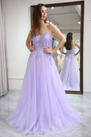 Load image into Gallery viewer, Light Purple A Line Long Prom Dress With Appliques