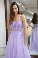 Load image into Gallery viewer, Light Purple A Line Long Prom Dress With Appliques