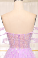 Load image into Gallery viewer, Light Purple A Line Off the Shoulder Long Corset Prom Dress With Slit