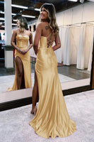 Load image into Gallery viewer, Golden Spaghetti Straps Satin Mermaid Prom Dress with Slit
