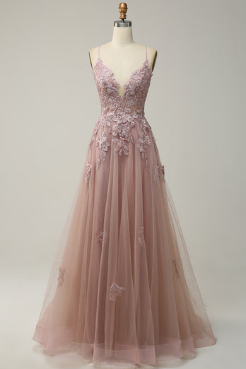 A-Line Spaghetti Straps Blush Long Prom Dress with Appliques