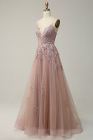 Load image into Gallery viewer, A-Line Spaghetti Straps Blush Long Prom Dress with Appliques