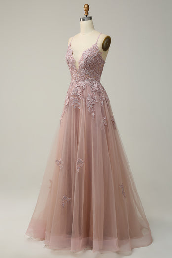 A-Line Spaghetti Straps Blush Long Prom Dress with Appliques