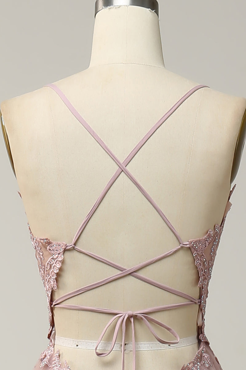 Load image into Gallery viewer, A-Line Spaghetti Straps Blush Long Prom Dress with Appliques
