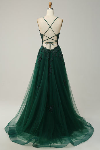 A-Line Spaghetti Straps Blush Long Prom Dress with Appliques