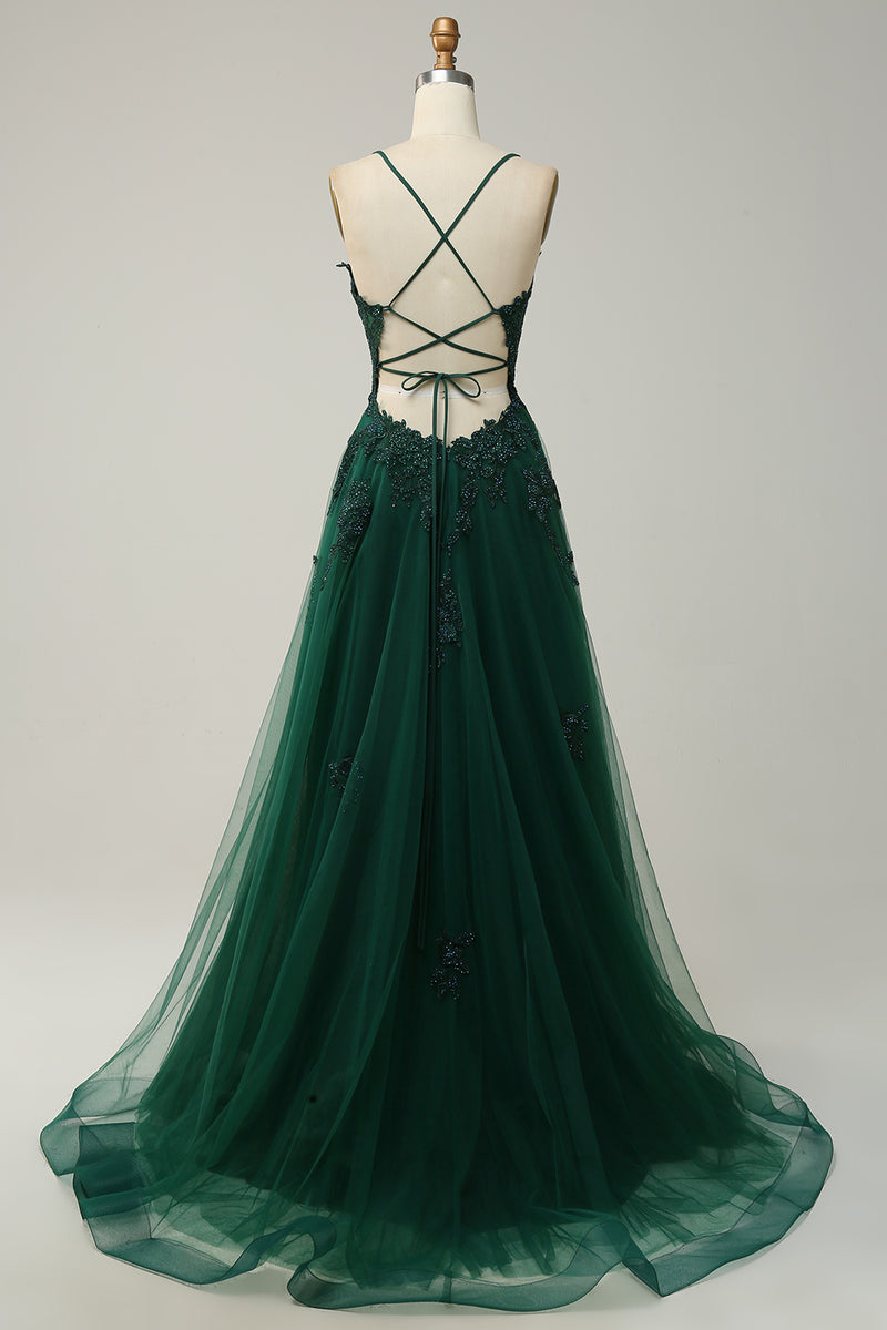 Load image into Gallery viewer, A-Line Spaghetti Straps Blush Long Prom Dress with Appliques