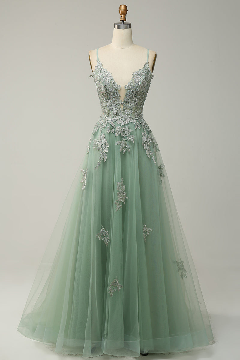 Load image into Gallery viewer, A-Line Spaghetti Straps Blush Long Prom Dress with Appliques
