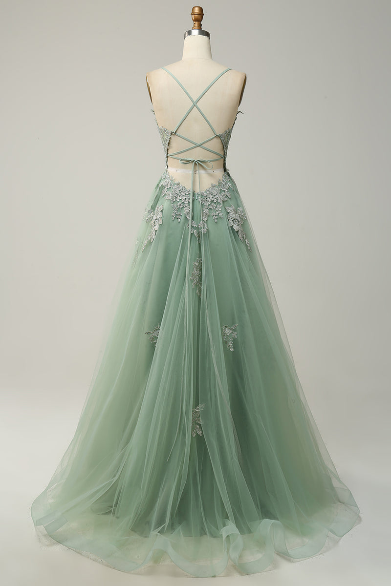 Load image into Gallery viewer, A-Line Spaghetti Straps Blush Long Prom Dress with Appliques