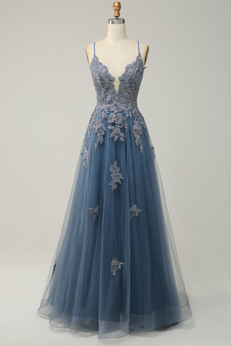 Load image into Gallery viewer, A-Line Spaghetti Straps Blush Long Prom Dress with Appliques